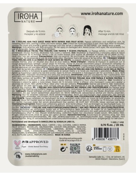 Iroha Nature Maschera Viso in Tessuto Viso AHA Peeling con Papaya