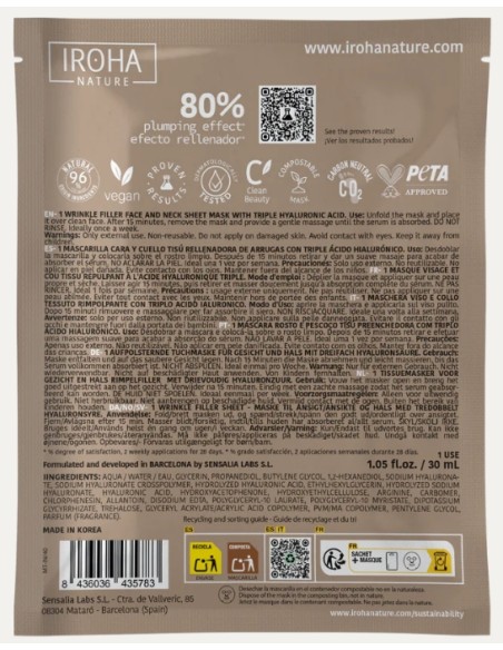 Iroha Nature Maschera Viso in Tessuto Wrinkle Filler Face Con Triplo Acido Ialuronico