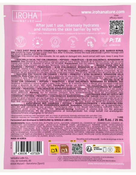 Iroha Nature Maschera Viso in Tessuto Riparatrice Barriera Con Ceramidi